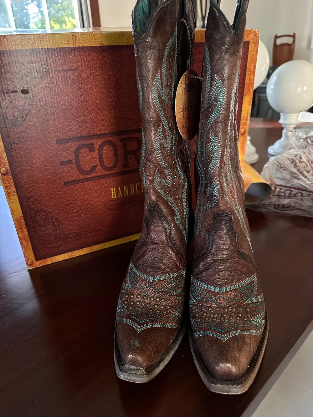 Corral Brown Leather Handcrafted Western Boots with Turquoise Stitching